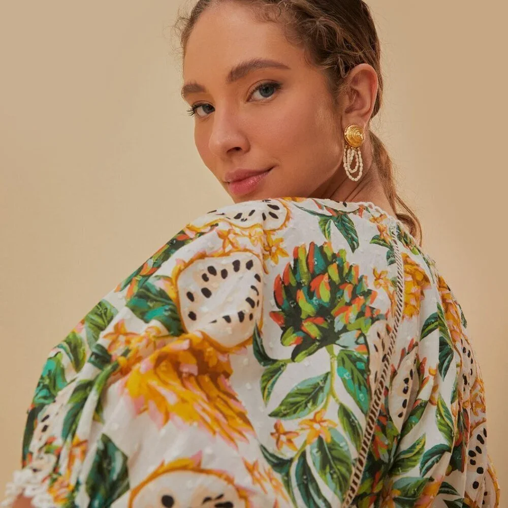 NWT FARM Rio Off-White Biriba Cropped Top Yellow Green Floral Puff Sleeve Blouse